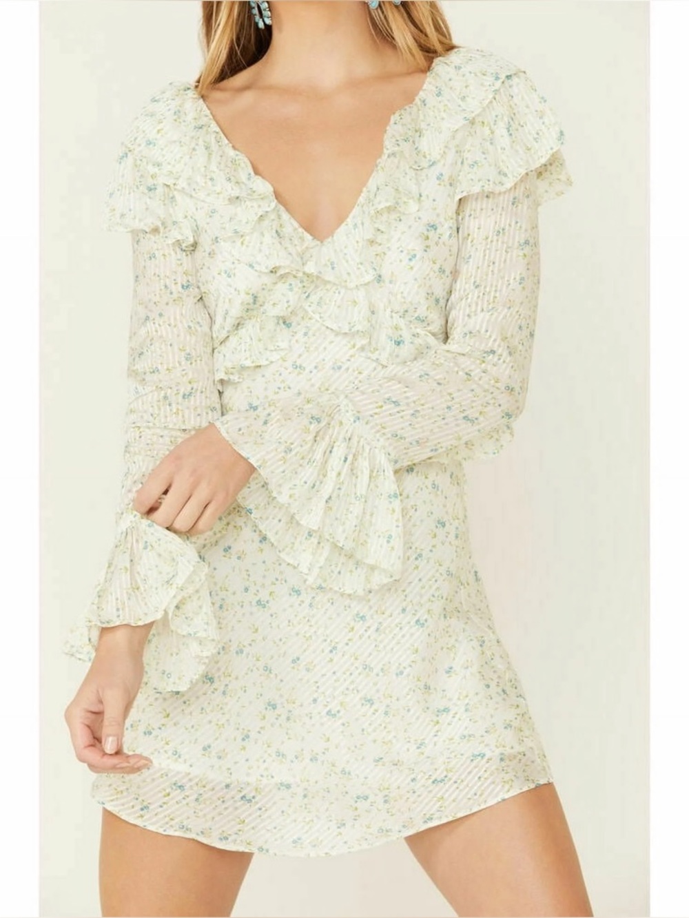 Free People Cream Mini Dress with Subtle Green and Blue Floral Print Never Worn
